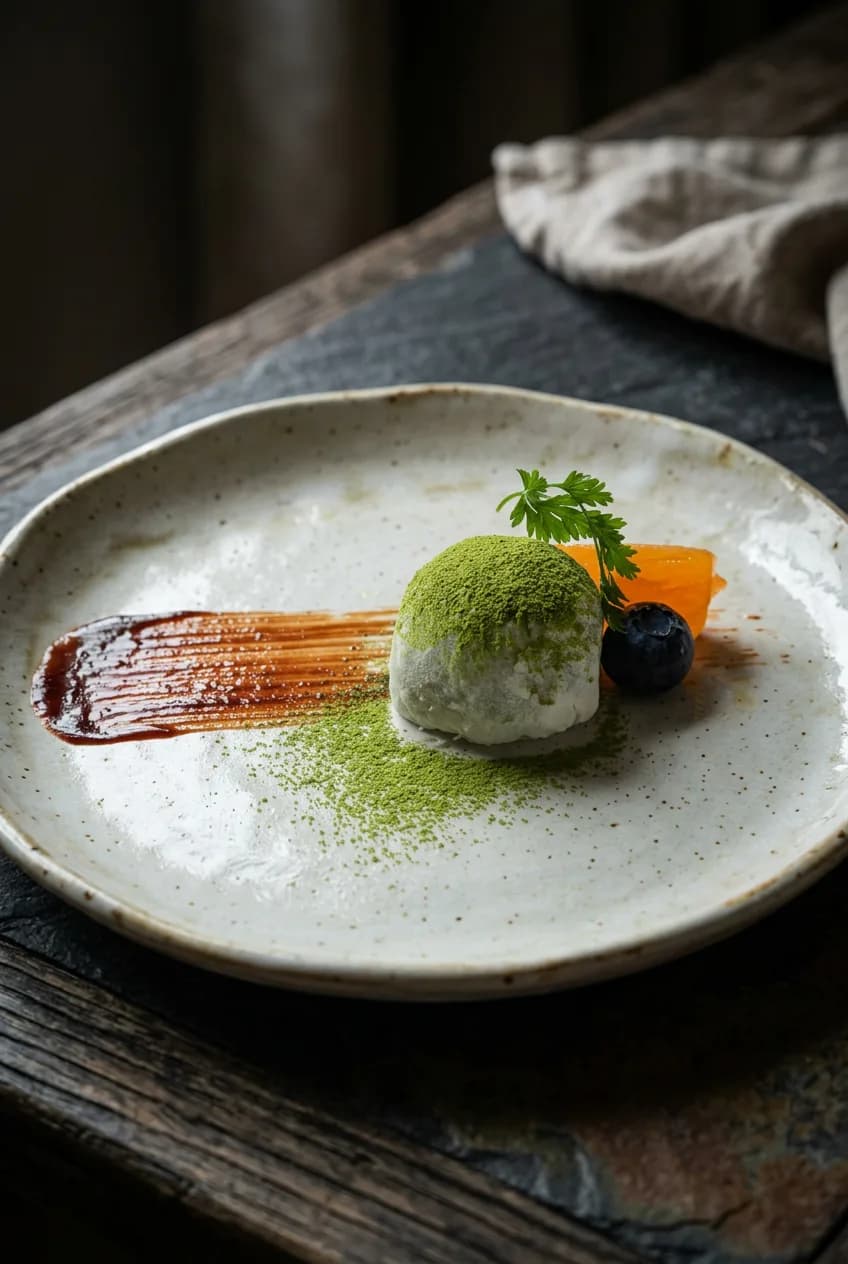 Matcha dessert, three-quarter framing generated by Shotfolio