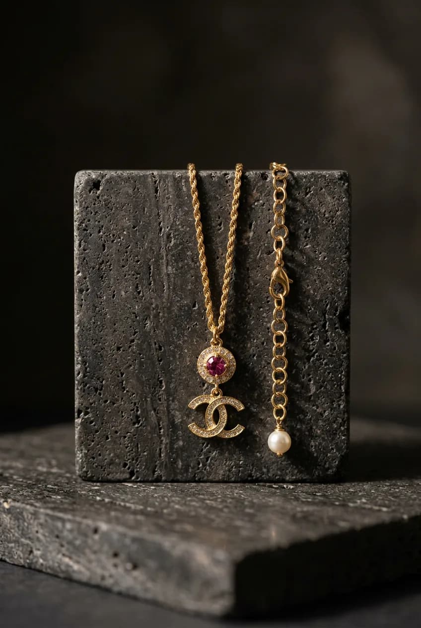 Gold pendant necklace, hero framing generated by Shotfolio
